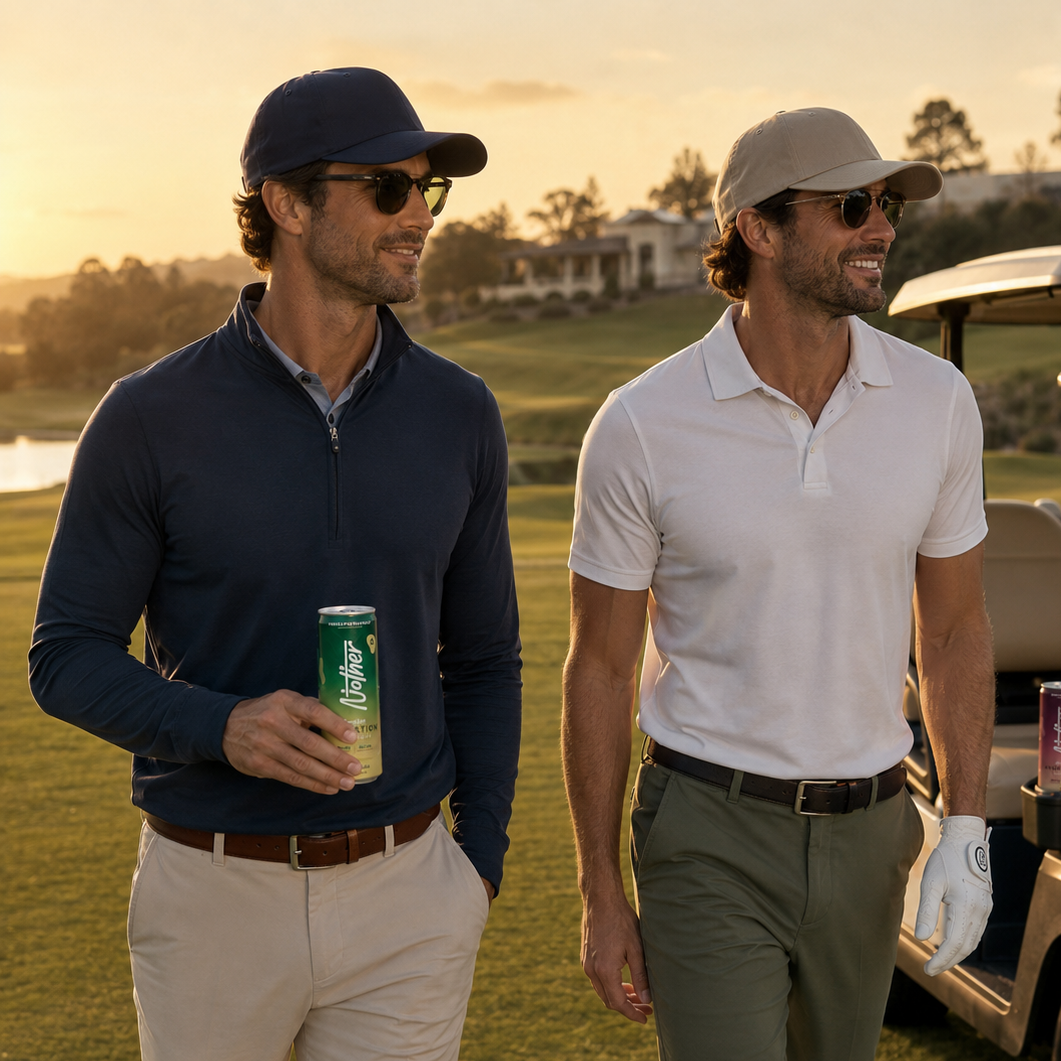Two men walking on a golf course at sunset, one wearing a navy quarter-zip pullover and khaki pants holding a green can, and the other wearing a white polo shirt, olive pants, and a beige cap next to a golf cart.